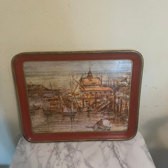 Vtg Italian Florentine Chippy Tray with Edna Hibel Decoupage Seascape - Picture 9 of 12